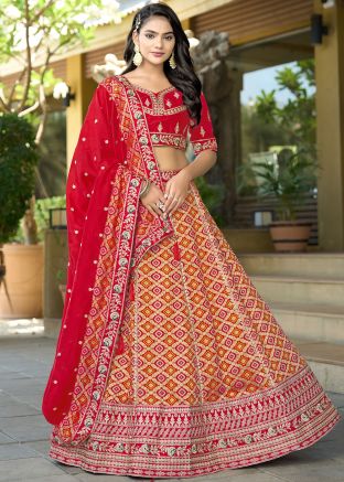 Red Zari Woven Viscose Lehenga Choli Set
