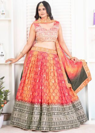 Orange Embroidered Lehenga Choli In Chiffon