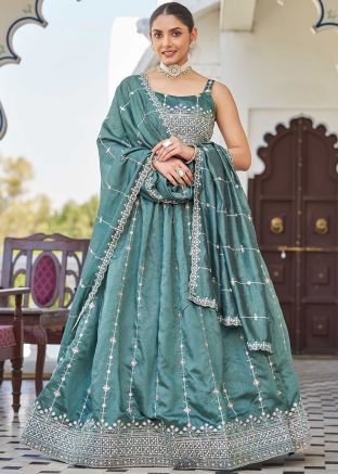Green Embroidered Lehenga Choli In Art Silk