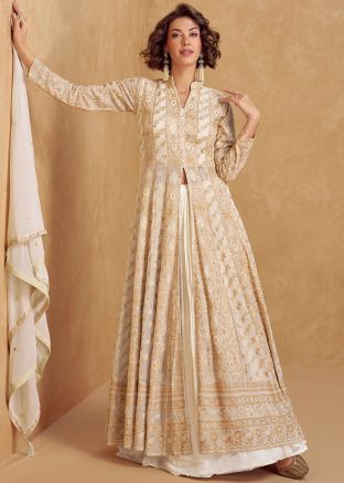 Cream Embroidered Kurti Style Lehenga In Georgette