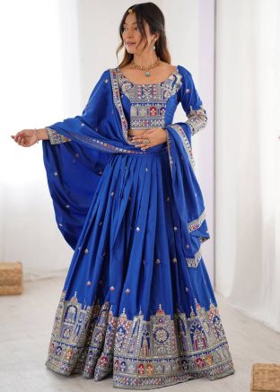 Royal Blue Embroidered Lehenga Choli In Crape