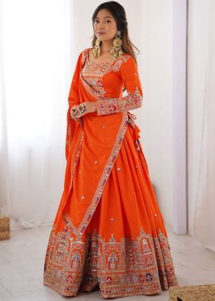 Orange Embroidered Lehenga Choli In Crape