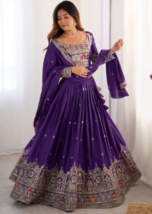 Purple Embroidered Lehenga Choli In Crape