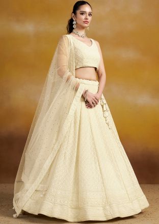 Cream Sequins Work Lehenga Choli In Georgette