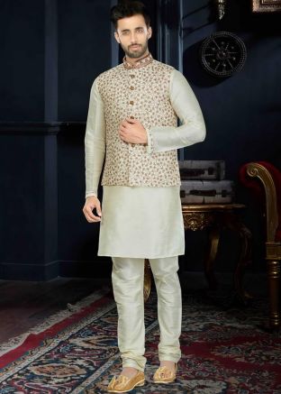 Readymade Off White Art Silk Kurta Set With Nehru Jacket