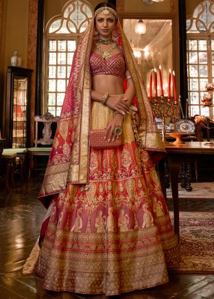 Orange & Yellow Woven Lehenga Choli Set