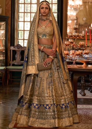 Beige Zari Woven Silk Lehenga Choli