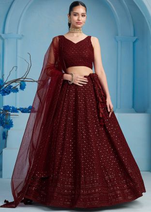 Maroon Embroidered Lehenga Choli In Georgette