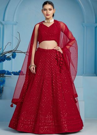 Red Embroidered Georgette Lehenga Choli