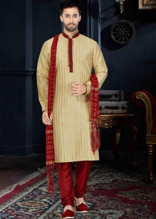 Readymade Beige Art Silk Kurta Churidar Set