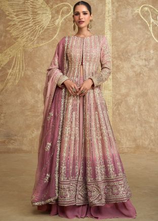 Shaded Pink Embroidered Kurti Style Lehenga In Georgette