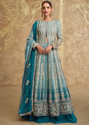 Shaded Blue Embroidered Georgette Kurti Style Lehenga