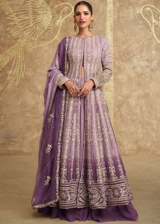Shaded Purple Embroidered Georgette Kurti Style Lehenga
