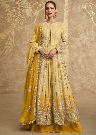 Shaded Yellow Embroidered Georgette Kurti Style Lehenga