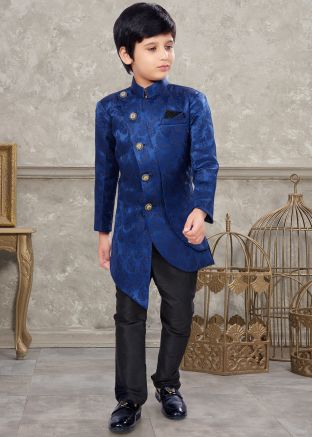 Blue Woven Kids Sherwani Set In Jacquard