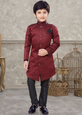 Maroon Stone Embellished Kids Sherwani Set