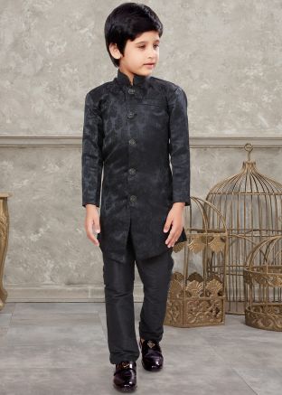 Black Woven Kids Sherwani Set In Jacquard