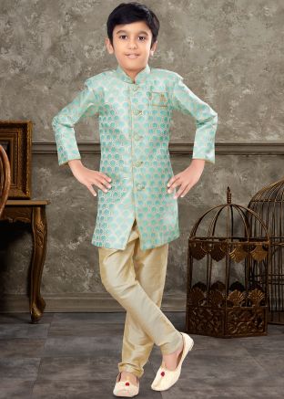 Blue Woven Kids Sherwani Set In Jacquard
