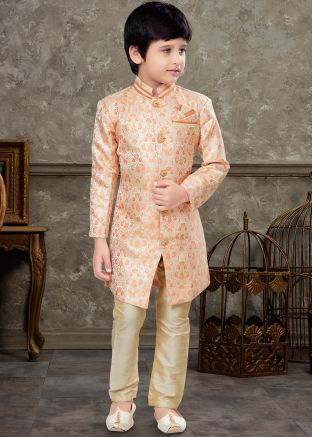 Orange Jacquard Sherwani Set In Woven Work