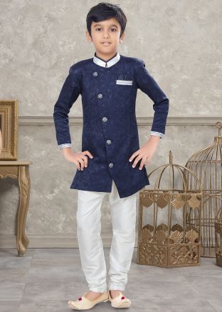 Blue Woven Kids Sherwani Set