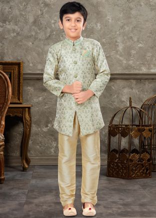 Green Woven Sherwani Set In Jacquard
