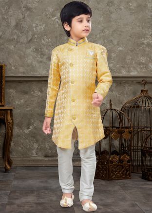Yellow Woven Kids Sherwani Set In Jacquard