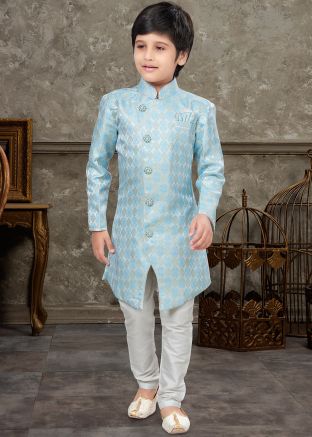 Blue Woven Sherwani Set In Jacquard