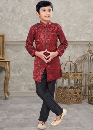 Maroon Woven Kids Sherwani Set
