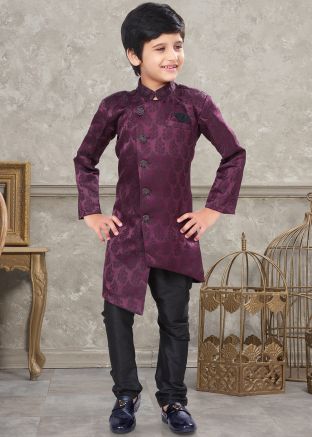 Purple Asymmetric Woven Sherwani Set