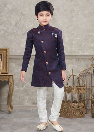 Purple Kids Woven Sherwani Set