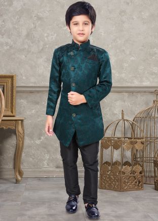 Green Woven Sherwani Set In Jacquard