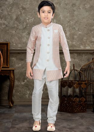 Peach Woven Kids Sherwani Set