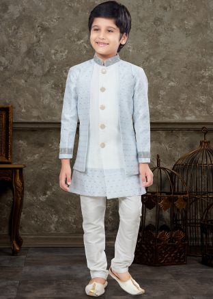 Blue Woven Kids Sherwani Set In Jacquard