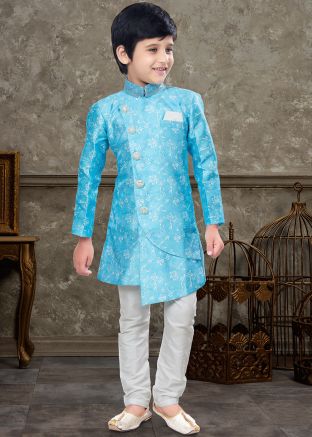 Blue Woven Kids Sherwani Set