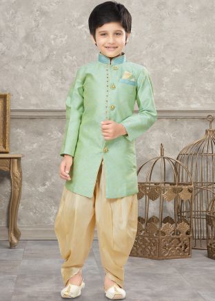 Green Woven Sherwani Set With Dhoti