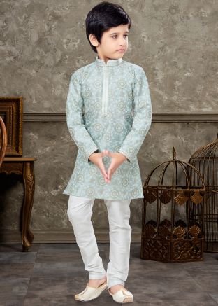 Blue Dupion Silk Kurta Pajama In Digital Print