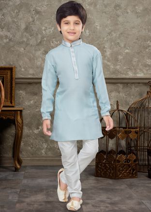 Blue Woven Kids Kurta Pajama In Art Silk