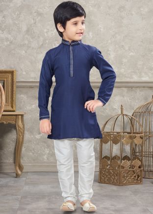 Blue Woven Kids Kurta Pajama In Art Silk