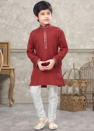 Red Art Silk Kurta Pajama In Woven Work