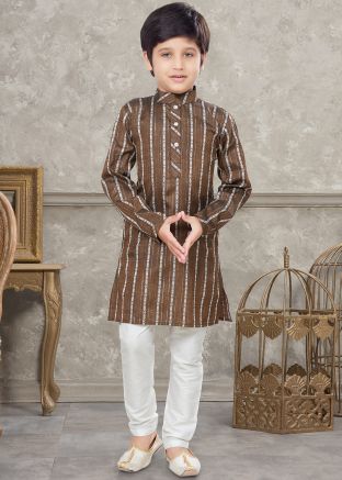 Brown Printed Kids Kurta Pajama