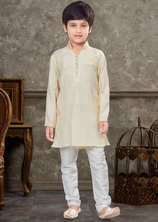 Cream Kids Kurta Pajama In Art Silk