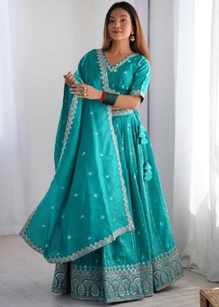 Blue Embroidered Shimmer Silk Lehenga Choli