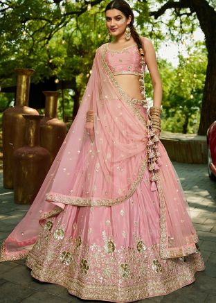Pink Embroidered Chiffon Lehenga Choli Set