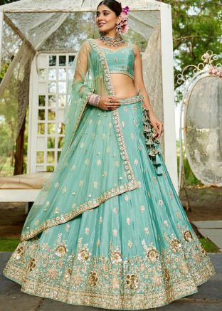 Turquoise Chiffon Lehenga Choli In Dori Work