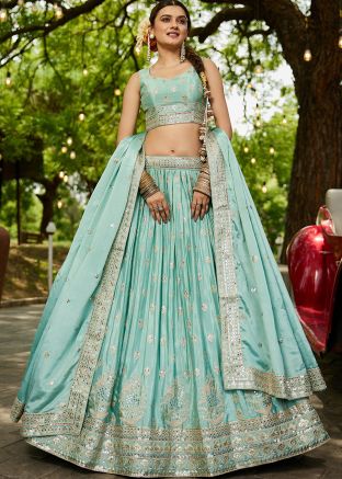 Blue Embellished Chiffon Lehenga Choli Set