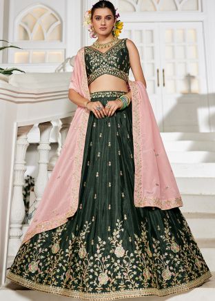 Olive Green Embroidered Chiffon Lehenga Choli