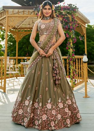 Olive Green Satin Embroidered Lehenga Choli