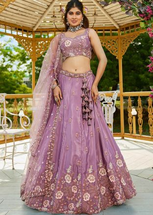 Purple Dori Embroidered Satin Lehenga Choli