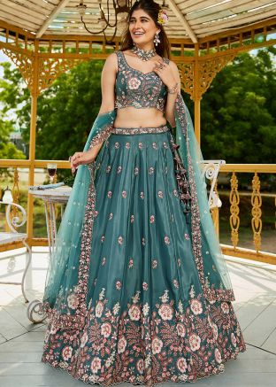 Teal Blue Embroidered Lehenga Choli In Satin