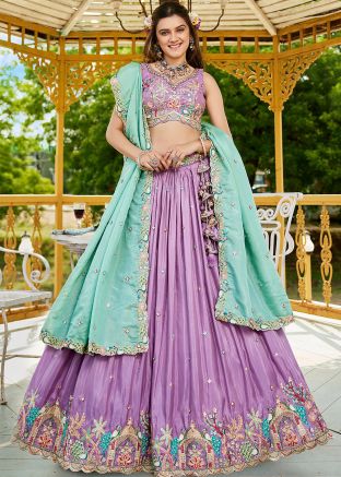 Lavender Embroidered Satin Lehenga Choli